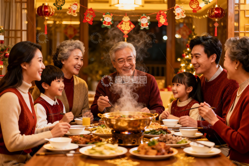 高清大图下载【趣麦麦图】家庭围坐火锅聚餐其乐融融