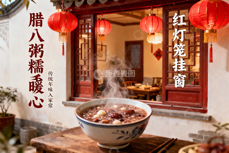 高清大图下载【趣麦麦图】红灯笼下热气腾腾的腊八粥
