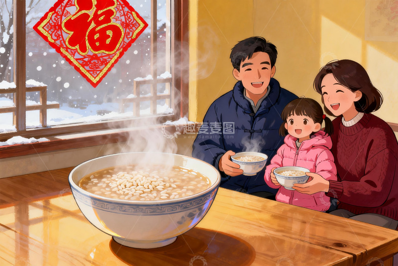 高清大图下载【趣麦麦图】冬日家庭围坐吃粥温馨场景