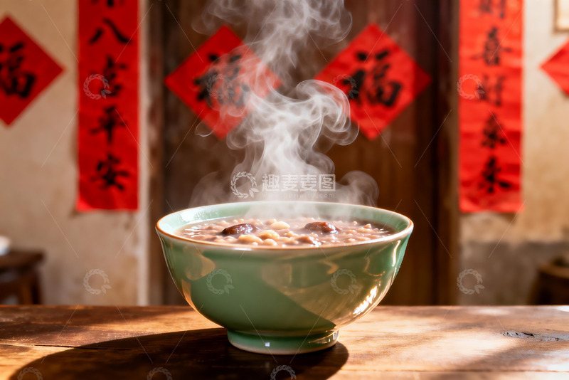 高清大图下载【趣麦麦图】热气腾腾的粥与红色福字