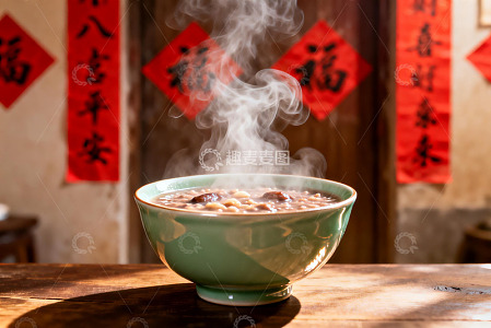 热气腾腾的粥与红色福字