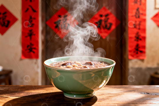 热气腾腾的粥与红色福字