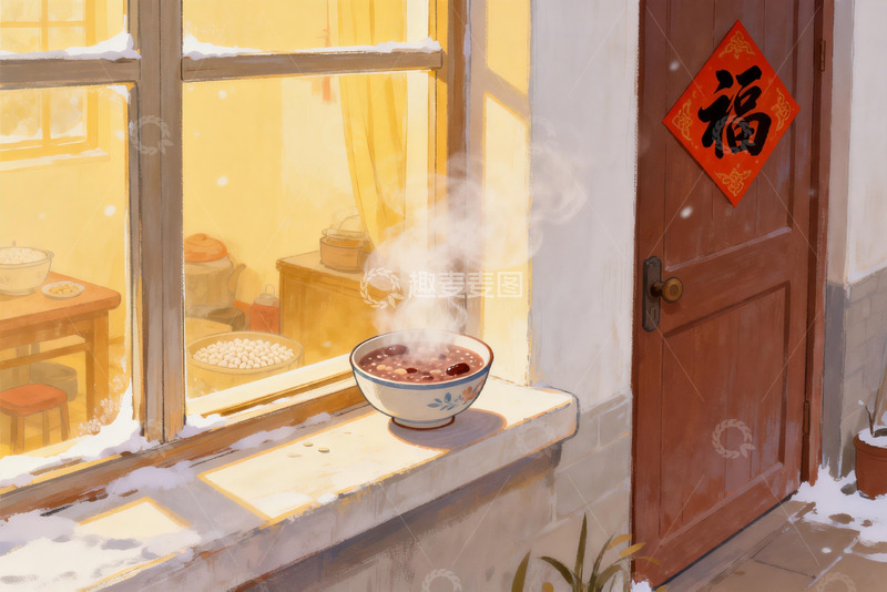 高清大图下载【趣麦麦图】冬日窗台热粥与雪景