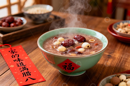 热腾腾腊八粥配福字碗