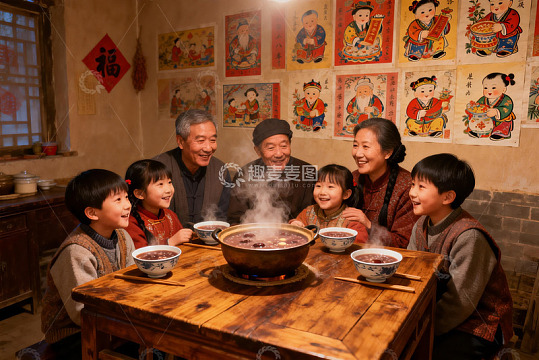 家庭围坐餐桌共享热食温馨场景