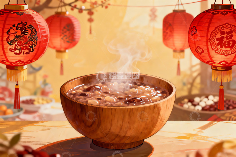 高清大图下载【趣麦麦图】热气腾腾的腊八粥与红灯笼