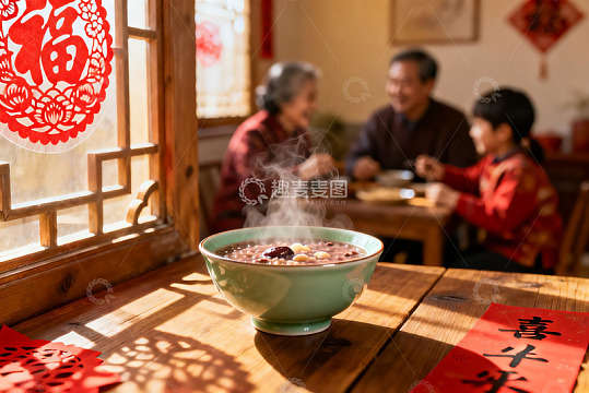 春节家庭聚餐热粥场景