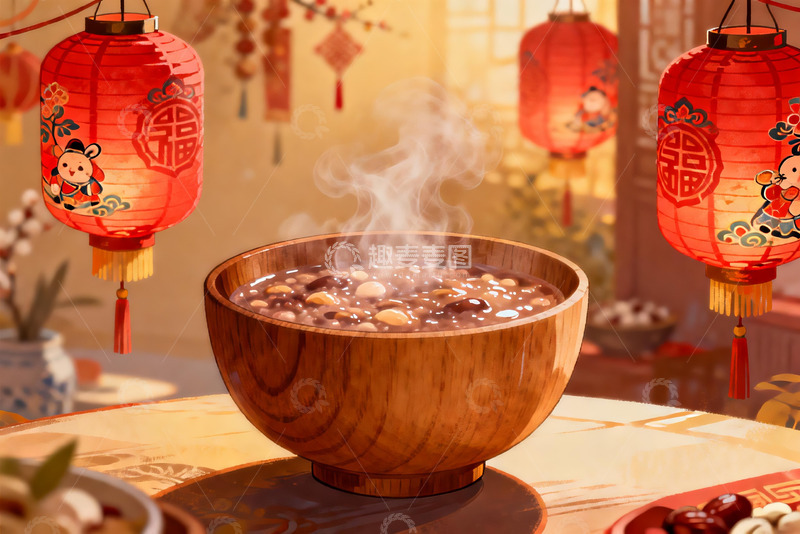 高清大图下载【趣麦麦图】热气腾腾的腊八粥与红灯笼