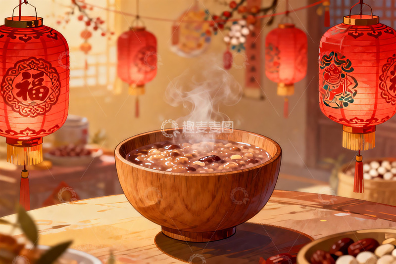 高清大图下载【趣麦麦图】春节红灯笼配热气腾腾的腊八粥