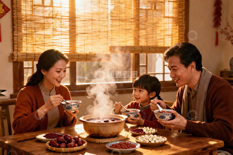 高清大图下载【趣麦麦图】温馨家庭共进热粥晚餐