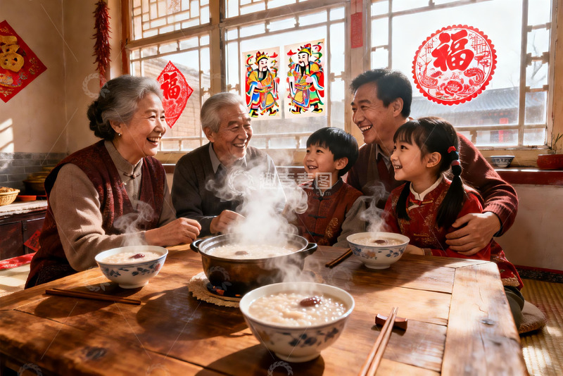 高清大图下载【趣麦麦图】三代同堂围桌吃团圆饭