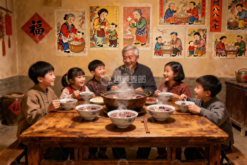 高清大图下载【趣麦麦图】祖孙围坐共进热气腾腾的团圆饭