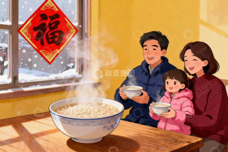 高清大图下载【趣麦麦图】冬日家庭围坐喝粥温馨场景