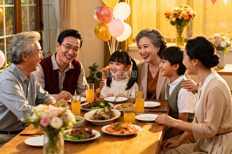 高清大图下载【趣麦麦图】三代同堂家庭聚餐温馨场景