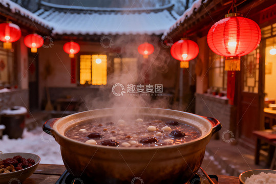 古院红灯笼下热气腾腾的甜品