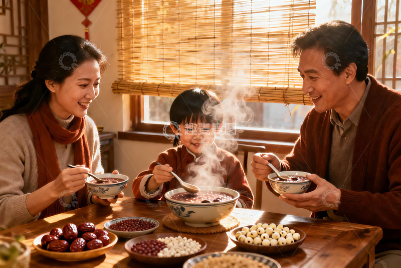 高清大图下载【趣麦麦图】温馨家庭共进热粥晚餐