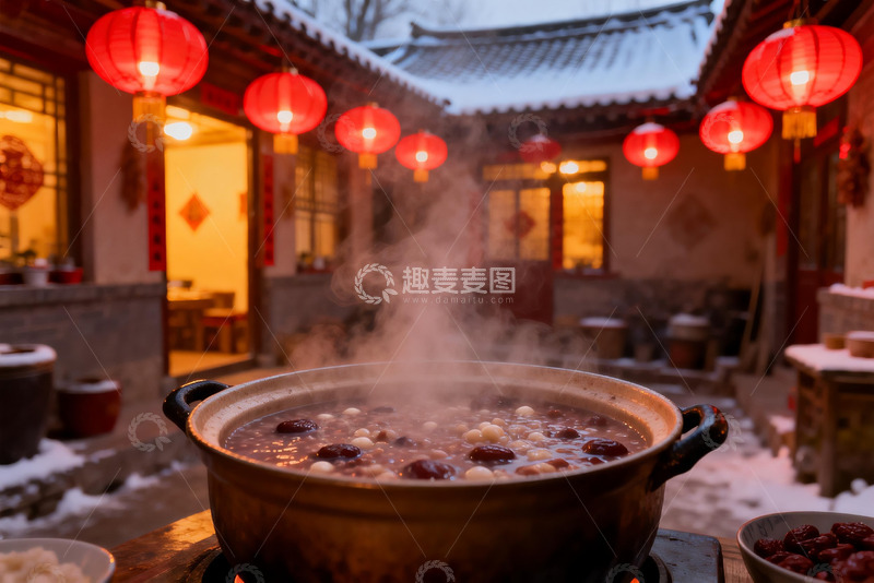 高清大图下载【趣麦麦图】古院红灯笼下热气腾腾的腊八粥