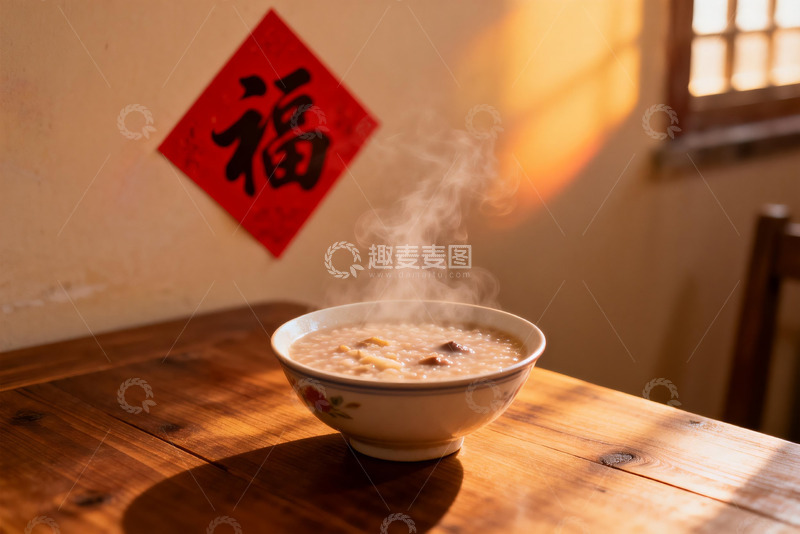 高清大图下载【趣麦麦图】热气腾腾的粥与福字装饰