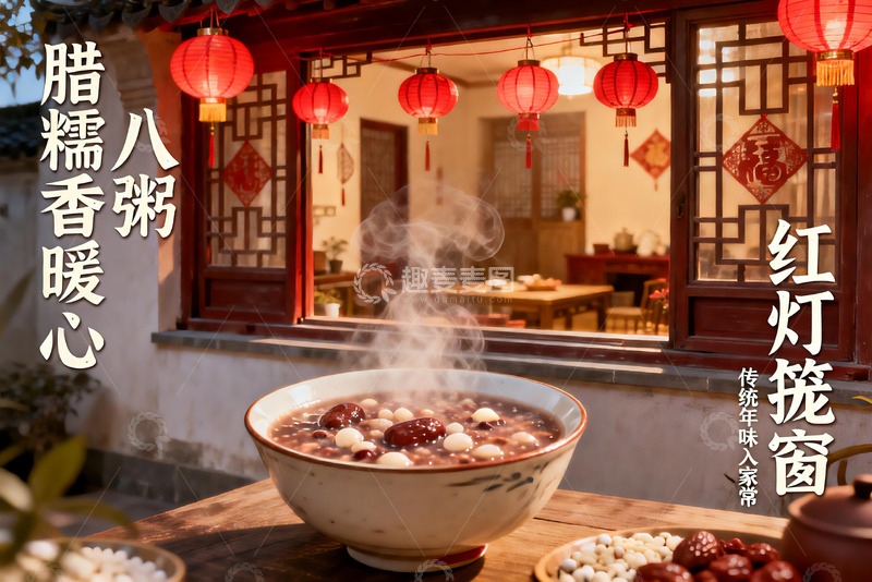 高清大图下载【趣麦麦图】红灯笼下热气腾腾的腊八粥