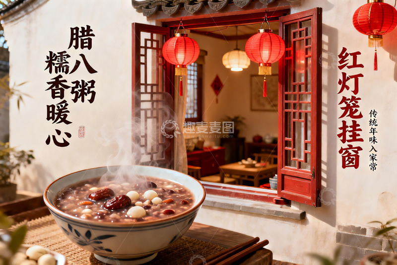 高清大图下载【趣麦麦图】传统腊八粥与红灯笼装饰