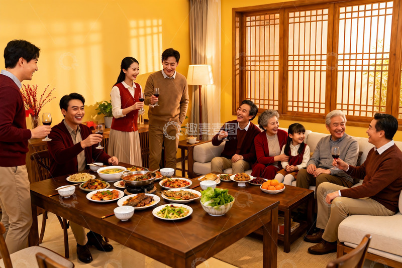 高清大图下载【趣麦麦图】家庭聚餐欢庆团圆时刻