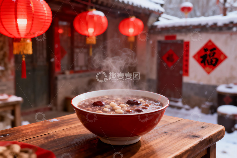 高清大图下载【趣麦麦图】雪中红碗腊八粥热气腾腾
