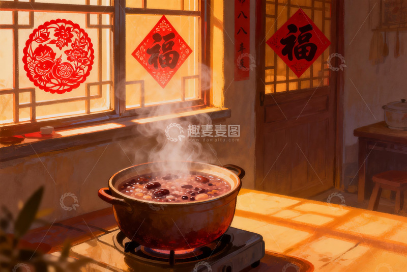 高清大图下载【趣麦麦图】暖阳下厨房煮粥场景