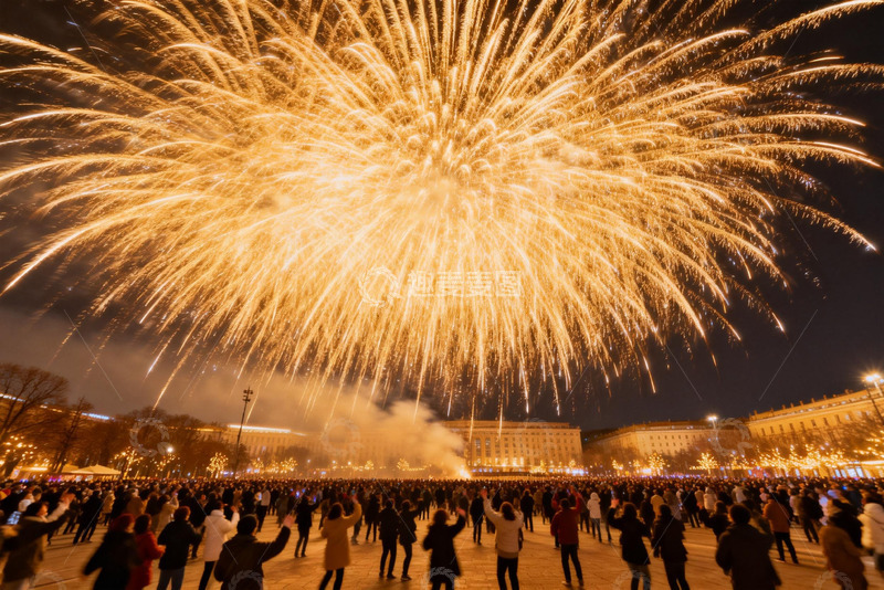 高清大图下载【趣麦麦图】夜空烟花绽放人群观赏盛景