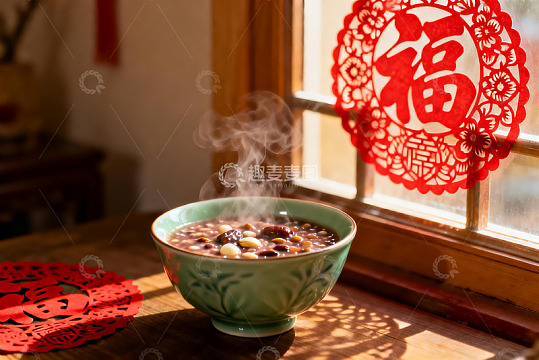 热气腾腾的杂粮粥与窗花