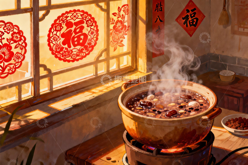 高清大图下载【趣麦麦图】暖阳厨房腊八粥香气四溢
