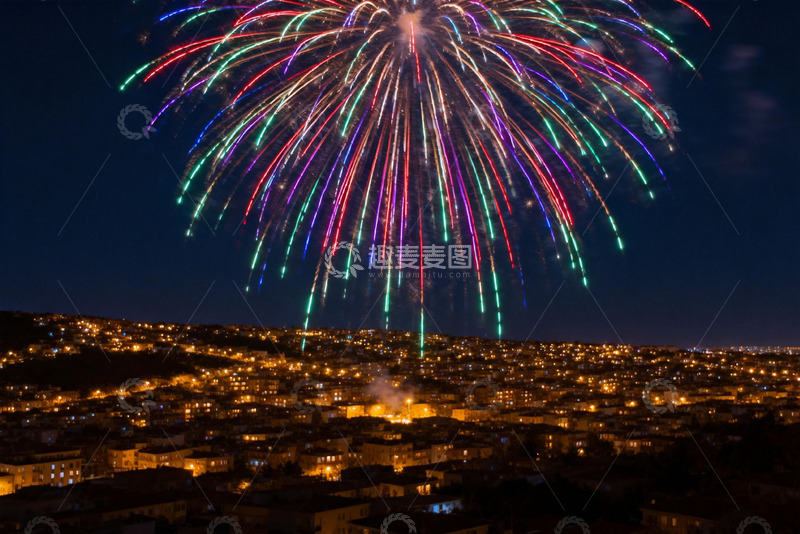 高清大图下载【趣麦麦图】夜空烟花绽放城市灯火辉煌