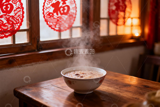 热气腾腾的粥与红色窗花