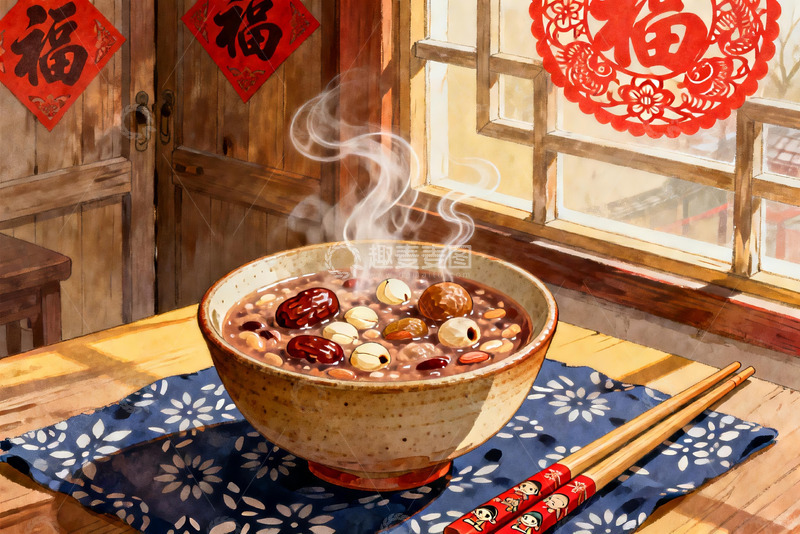 高清大图下载【趣麦麦图】热气腾腾的腊八粥与传统窗花