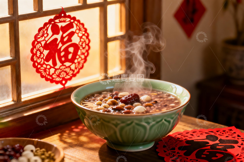 高清大图下载【趣麦麦图】热气腾腾的腊八粥与窗花装饰
