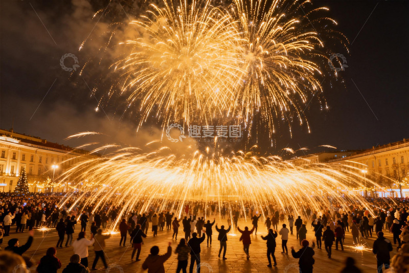 高清大图下载【趣麦麦图】夜空烟花绽放人群欢庆