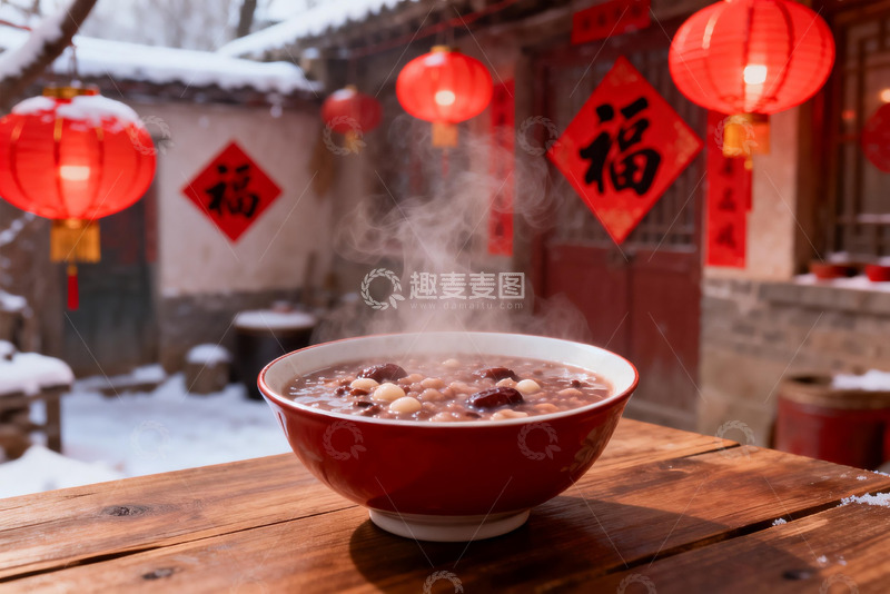 高清大图下载【趣麦麦图】雪地红碗腊八粥热气腾腾