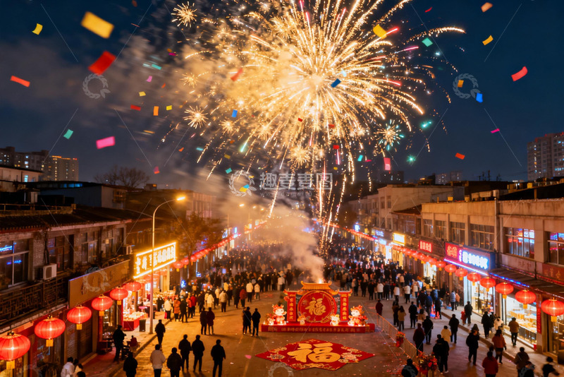 高清大图下载【趣麦麦图】夜街烟花绽放人群欢聚