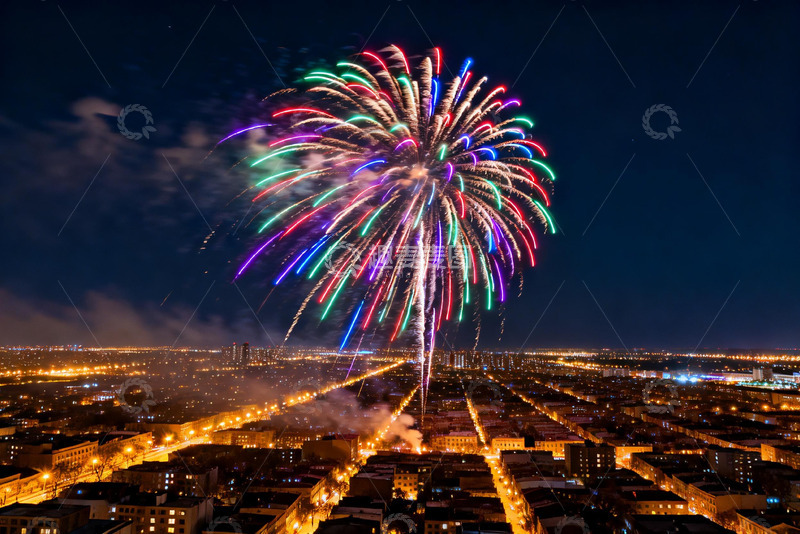高清大图下载【趣麦麦图】夜空城市烟花绽放绚丽景象