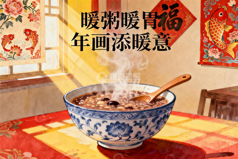 高清大图下载【趣麦麦图】热气腾腾的腊八粥与新年装饰