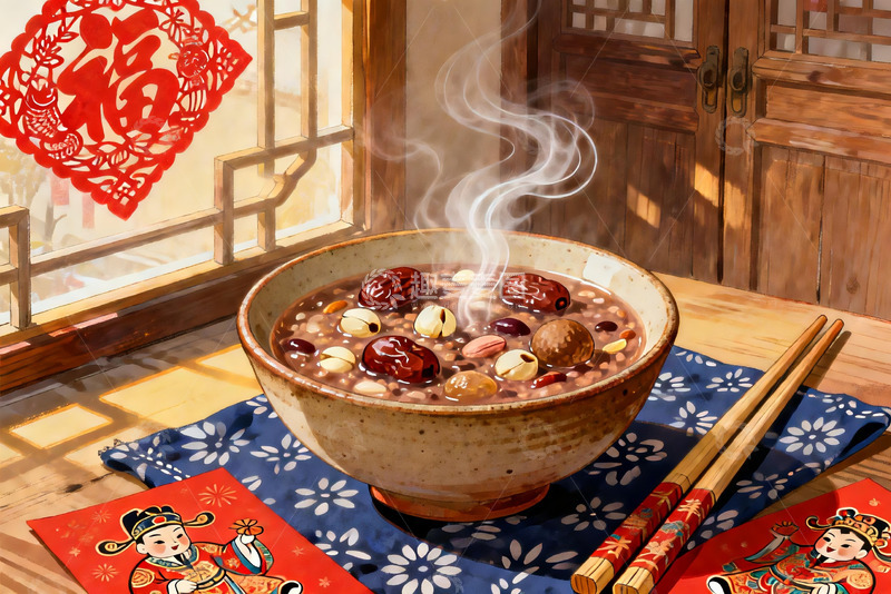 高清大图下载【趣麦麦图】热气腾腾的腊八粥与传统窗花