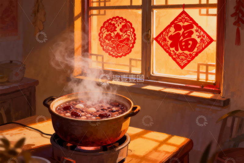 高清大图下载【趣麦麦图】暖阳下窗边煮粥温馨场景