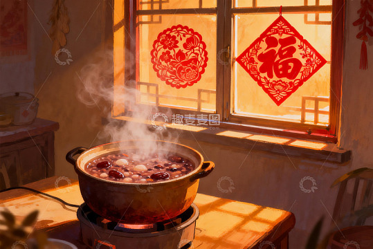 暖阳下窗边煮粥温馨场景