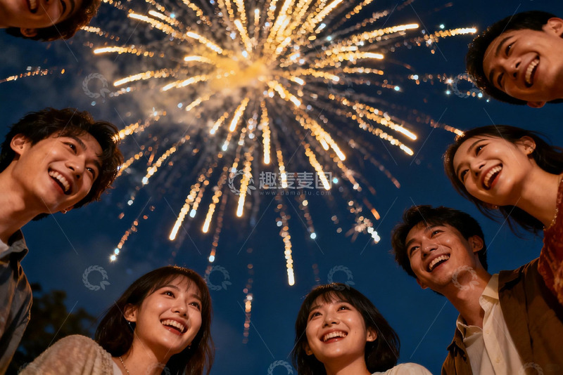 高清大图下载【趣麦麦图】夜空烟花下欢笑的朋友们