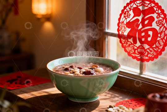 热气腾腾的杂粮粥与窗边福字
