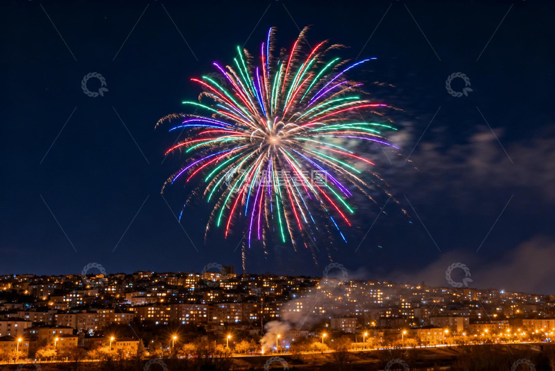 高清大图下载【趣麦麦图】夜空烟花绽放城市灯火辉煌