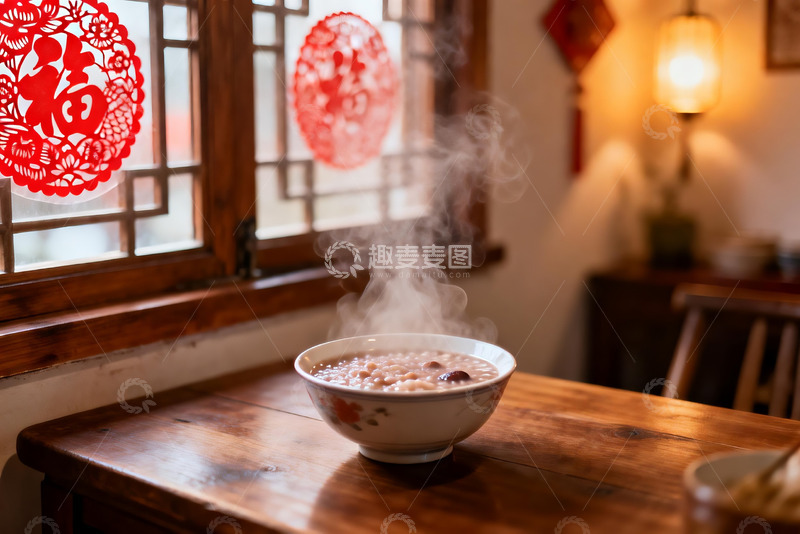 高清大图下载【趣麦麦图】热气腾腾的粥与中式窗花