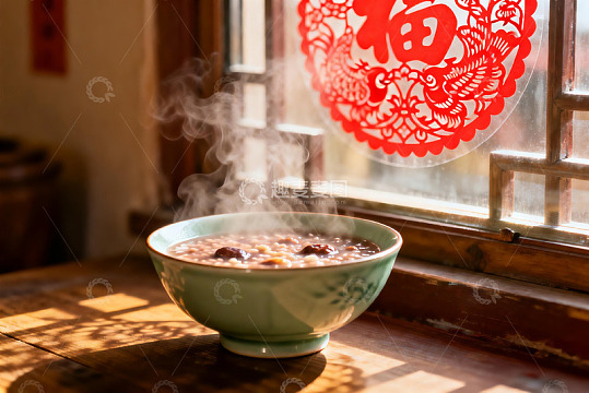 热气腾腾的粥碗窗边静景