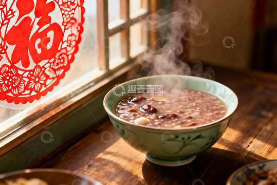 热气腾腾的粥品窗边摆放