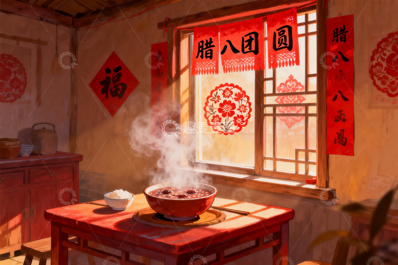 高清大图下载【趣麦麦图】暖阳照进腊八团团圆桌
