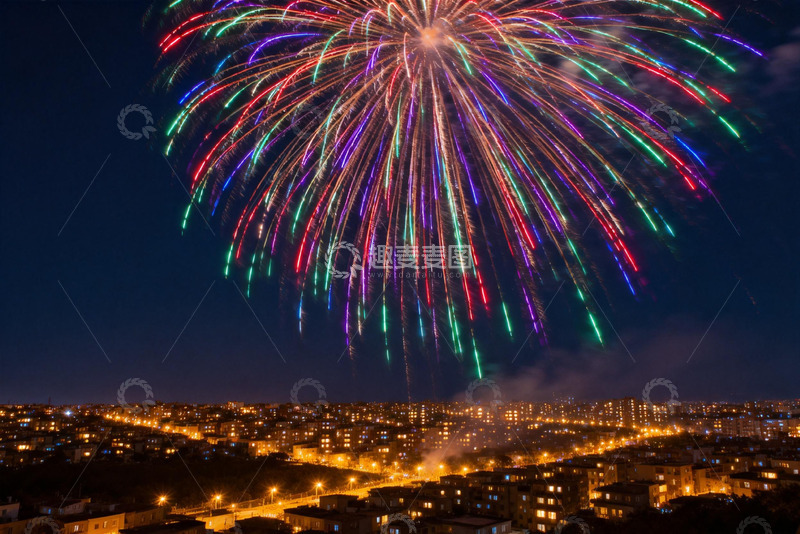 高清大图下载【趣麦麦图】夜空烟花绽放城市灯火辉煌